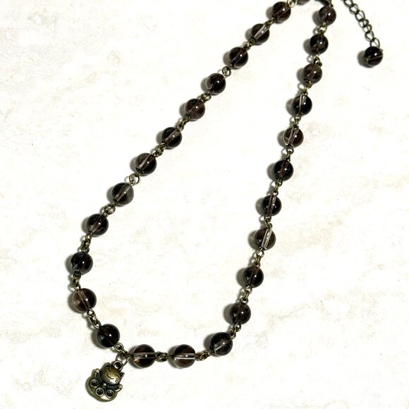 Natural Smoky Quartz Short Necklace, Genuine Gemstone + Cute Bronze Fortune Cat - Picture 7 of 14